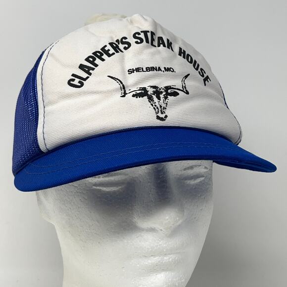 Vintage REM Miller Snap Back Hat Cap Mesh Back Trucker Patch  Vintage 80s Clappers Steak House Trucker Hat Baseball Cap Shelbina Snapback Blue